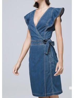 White House Black Market Faux Wrap Ruffle Chambray Denim Dress, Size 8